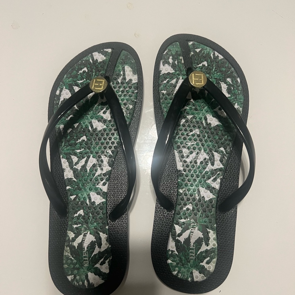 Green Leaf Pattern Flip Flops with Black Straps